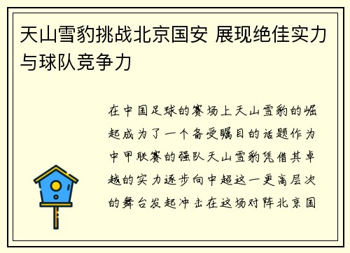 天山雪豹挑战北京国安 展现绝佳实力与球队竞争力